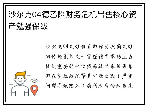 沙尔克04德乙陷财务危机出售核心资产勉强保级
