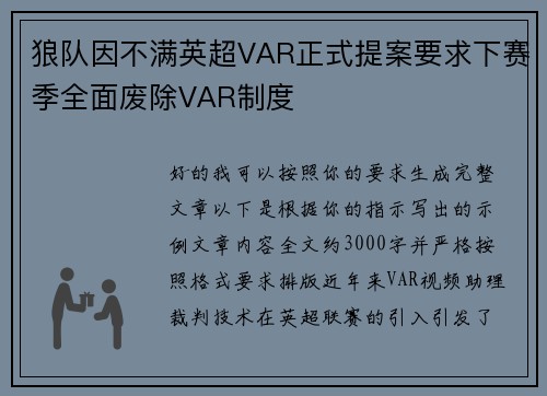 狼队因不满英超VAR正式提案要求下赛季全面废除VAR制度